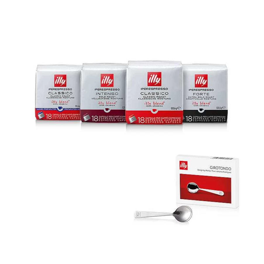 "Illy Coffee Tasting Kit - 4 Packs of Iperespresso Capsules & 6 Girotondo Spoons for Espresso Lovers"