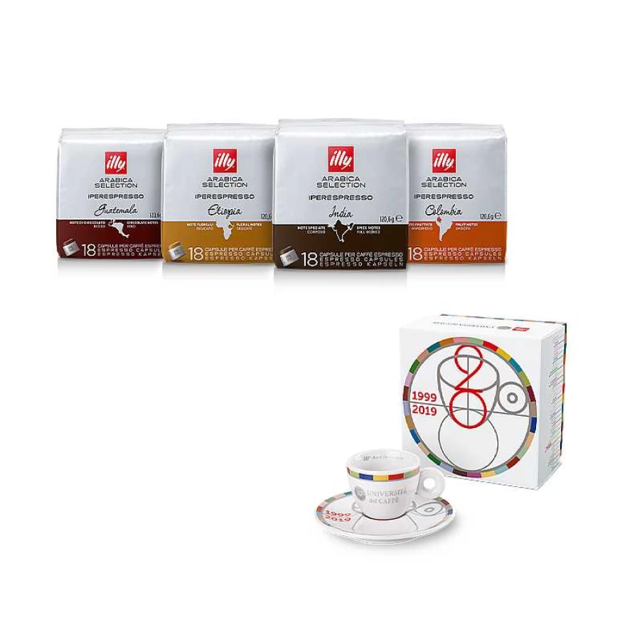illy Coffee Tasting Kit - 4 Packs of Iperespresso Arabica Capsules & Limited Edition 20th Anniversary Universita Del Caffe Cup