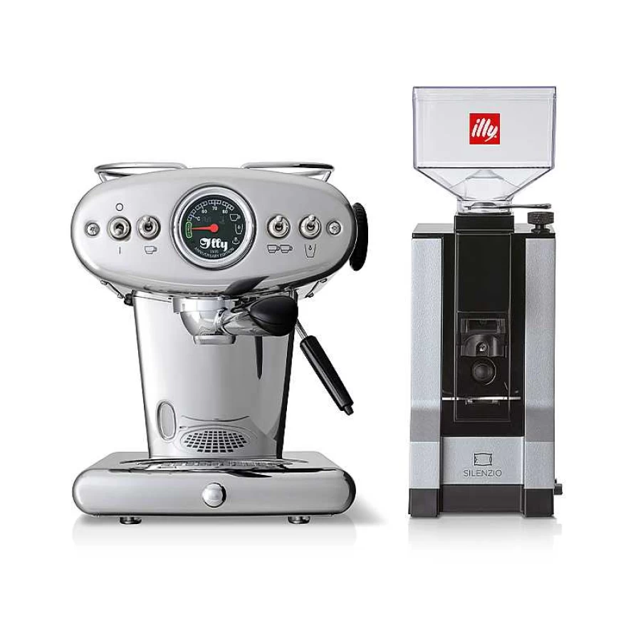 illy X1 Anniversary ESE Pod & Ground Coffee Machine Bundle with Built-in Grinder - Compact Espresso Maker for Home & Office